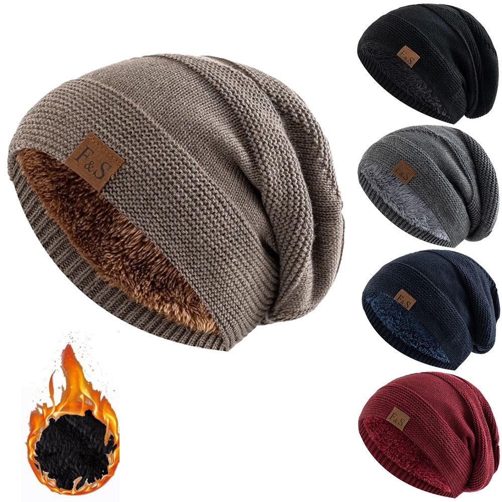 Beanie Cuffed Knit - 캐주얼한 스타일의 털 안감 겨울용 비니,